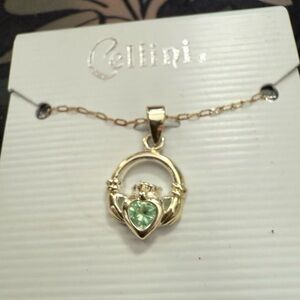 Cellini Sterling Silver Claddagh Necklace with Green Heart Stone – 18” Chain